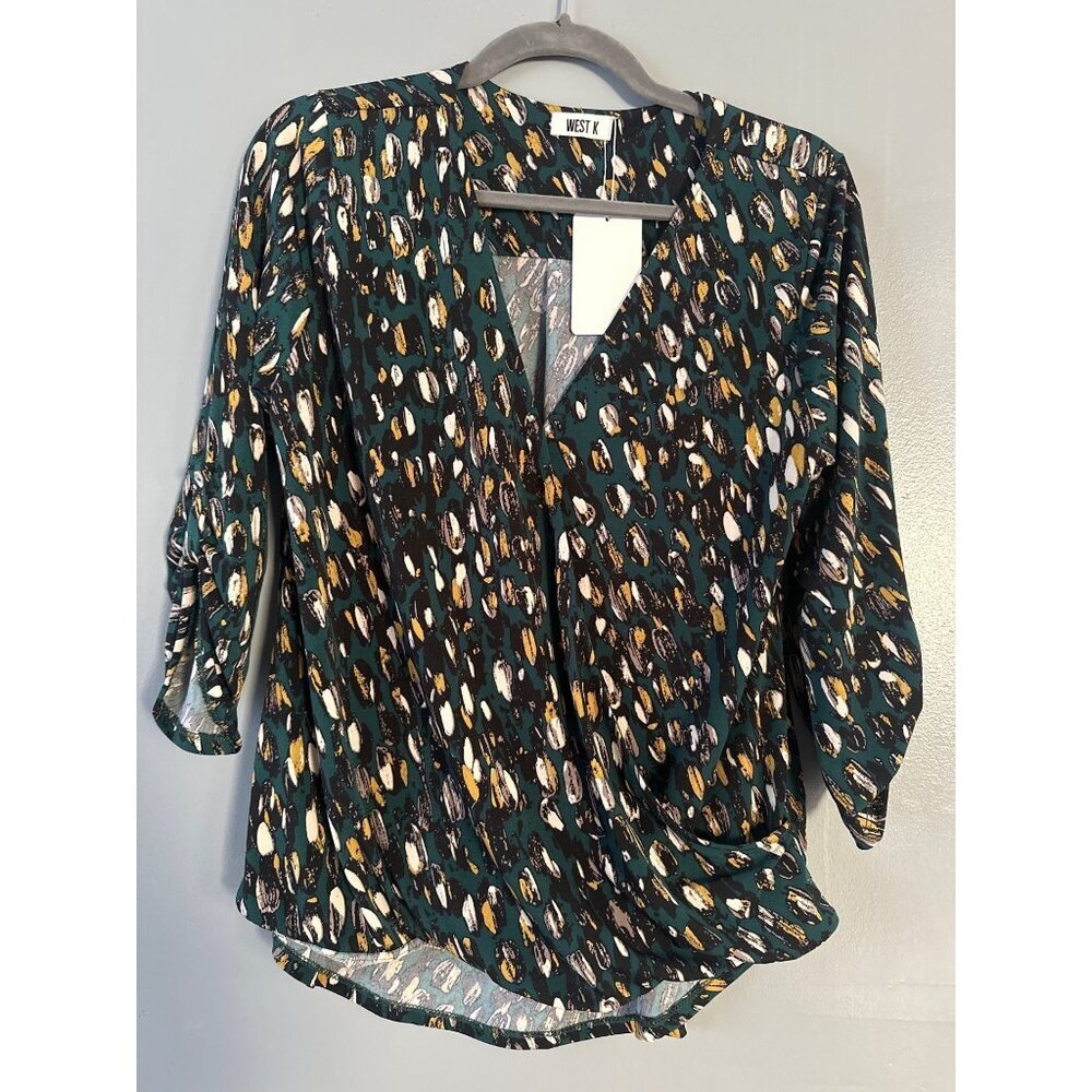 West K Womens Size Large Teal NWT Tie Sleeve High Low Blouse Career Romantic